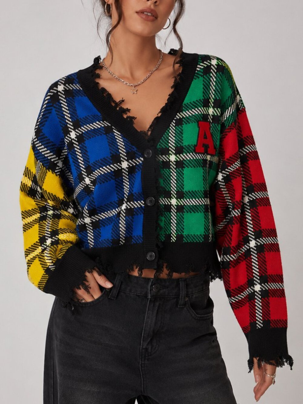 Oversized Distressed Plaid Cardigan Sweater Colorblock Grunge Chunky Knit XL